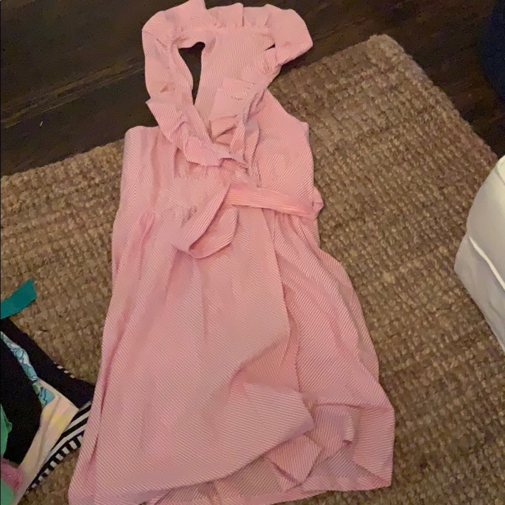 Red seersucker ruffle neck dress